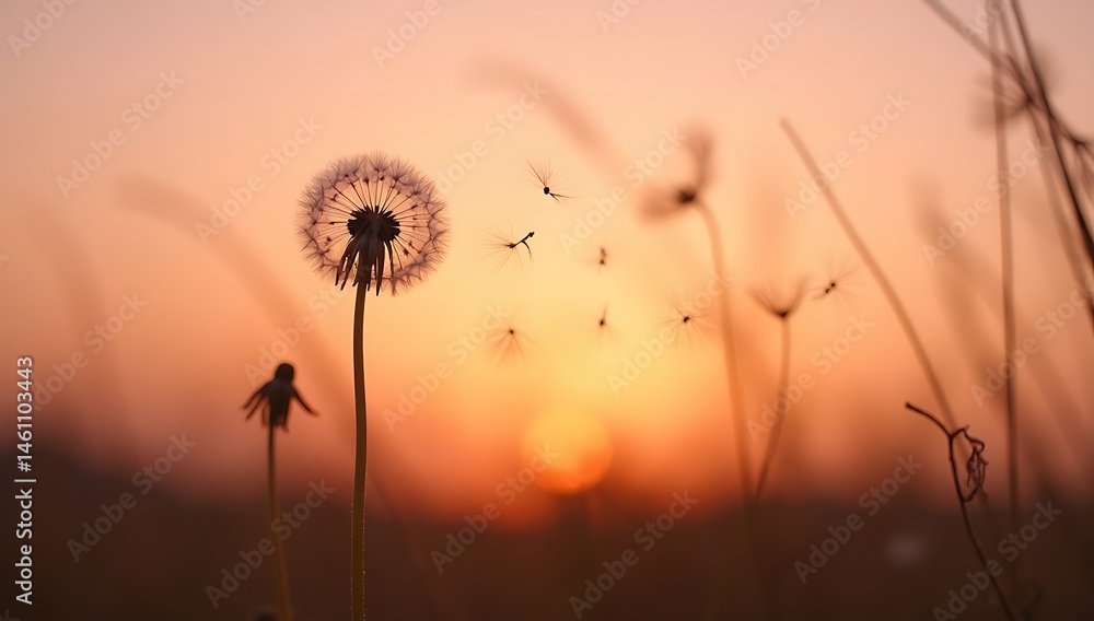 Fototapeta premium A single dandelion seed head blowing in the wind at sunset – representing freedom, fragility, and letting go.