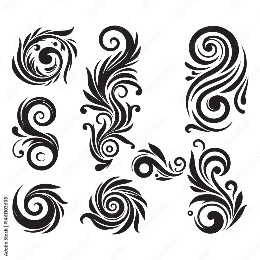 Decorative swirl and spiral vector silhouette set, Elegant shapes add a stylish touch to invitations, logos, tattoos, Decorative swirl and spiral vector silhouette set, Elegant shapes add a stylish touch to invitations, logos, tattoos,