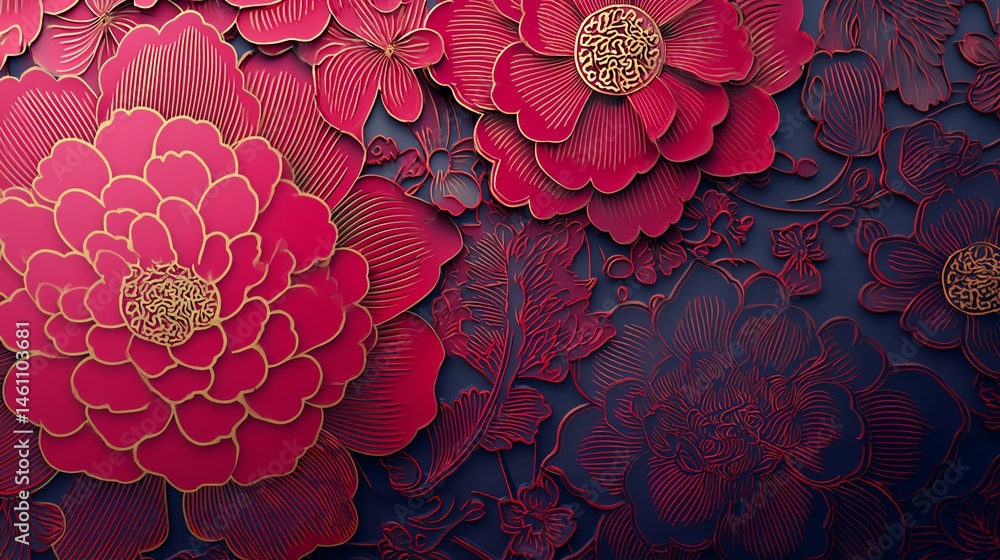 Colorful floral pattern with peonies on a dark background, perfect for decor.