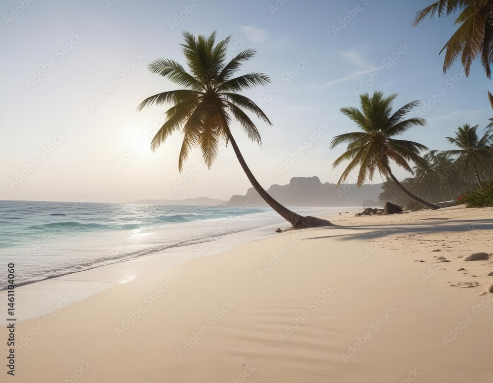 Obraz premium White sand beach, palm silhouette, distant island, waves, sky