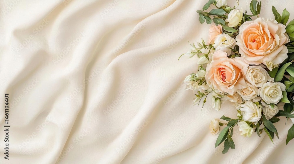 Close-up of a bouquet of flowers on a white fabric background. the flowers are a mix of peach-colored roses and white roses, with green leaves and stems. Close-up of a bouquet of flowers on a white fabric background. the flowers are a mix of peach-colored roses and white roses, with green leaves and stems.