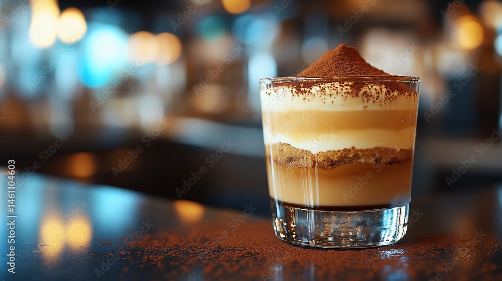 Dessert in layers dusted with cocoa powder against bokeh background
