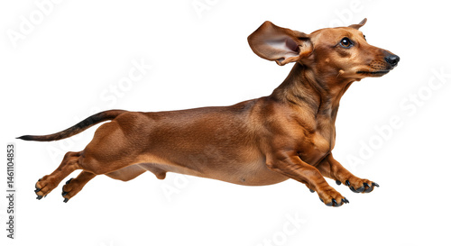 Enthusiastic dachshund mid-leap, showcasing energy and joyful motion on white backdrop
