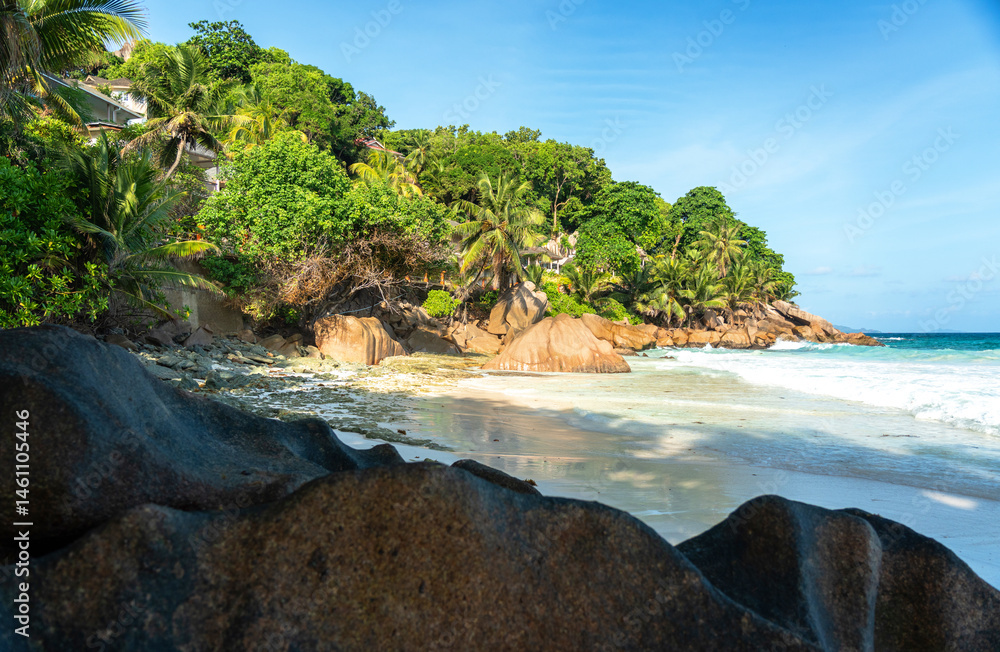 Anse Patates beach on La Digue island features tropical sand, boulders, and palm trees