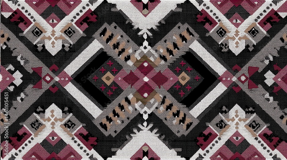 Colorful geometric pattern on fabric with intricate designs and textures