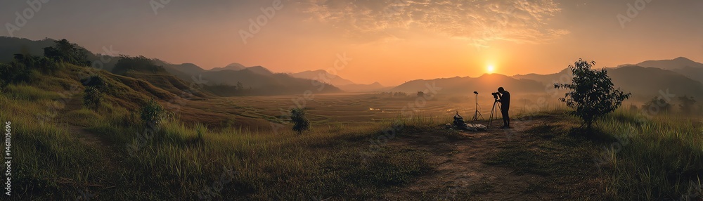 Couple standing in a serene landscape at sunset, capturing a beautiful moment together.