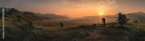 Obraz na płótnie Couple standing in a serene landscape at sunset, capturing a beautiful moment together. w salonie