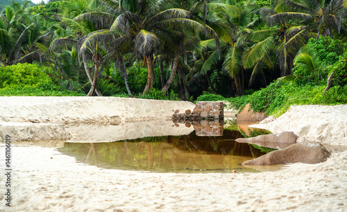 Obraz na płótnie A small freshwater lake formed by a stream lies on a white sandy beach on a tropical Seychelles w salonie