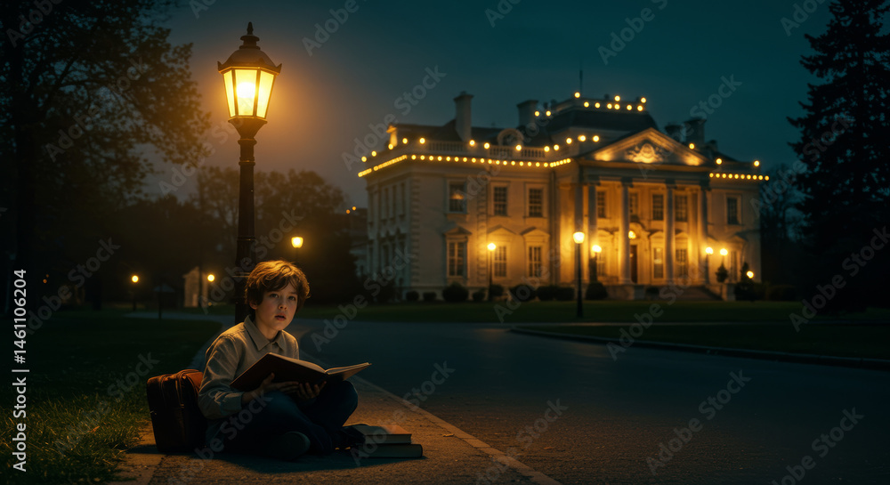 Obraz premium Juxtaposition of Education and Affluence: A Child's Pursuit Amidst Contrasts