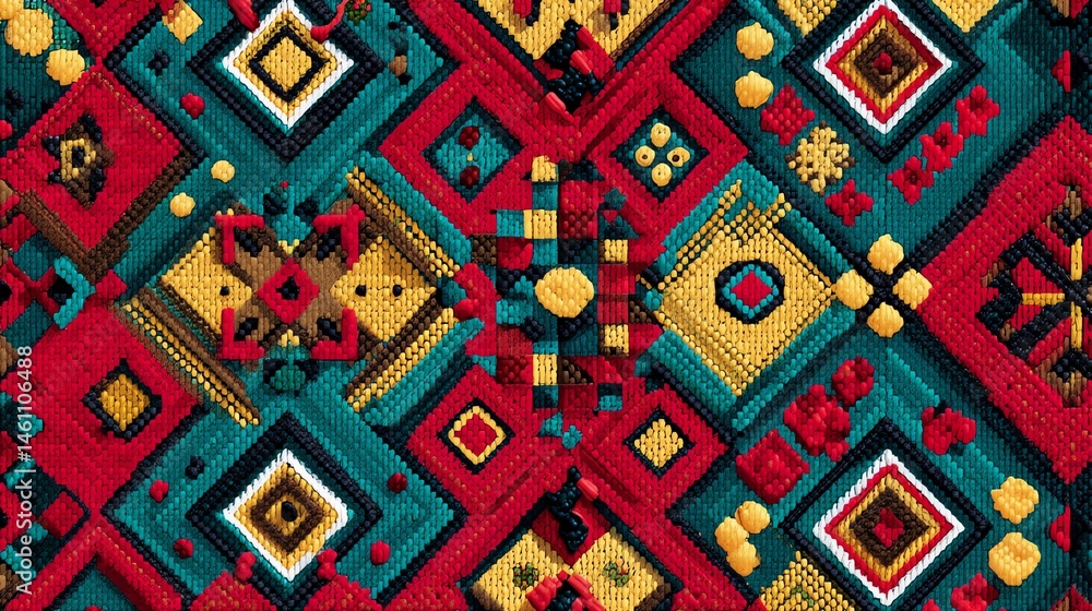 Colorful geometric textile pattern with vibrant red, yellow, teal, and black accents.