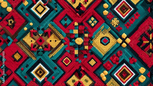 Obraz na płótnie Colorful geometric textile pattern with vibrant red, yellow, teal, and black accents. w salonie