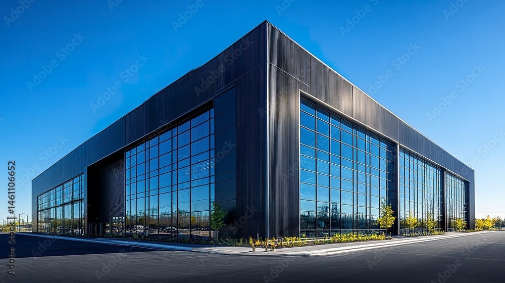 Modern black industrial building under clear blue sky, wide-angle shot from front corner, sharp lines and reflective windows, empty asphalt road in foreground Modern black industrial building under clear blue sky, wide-angle shot from front corner, sharp lines and reflective windows, empty asphalt road in foreground