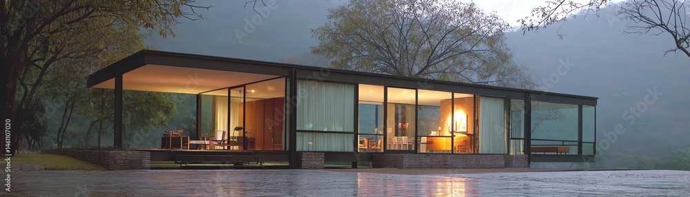 Modern glass house surrounded by nature, showcasing innovative architectural design.