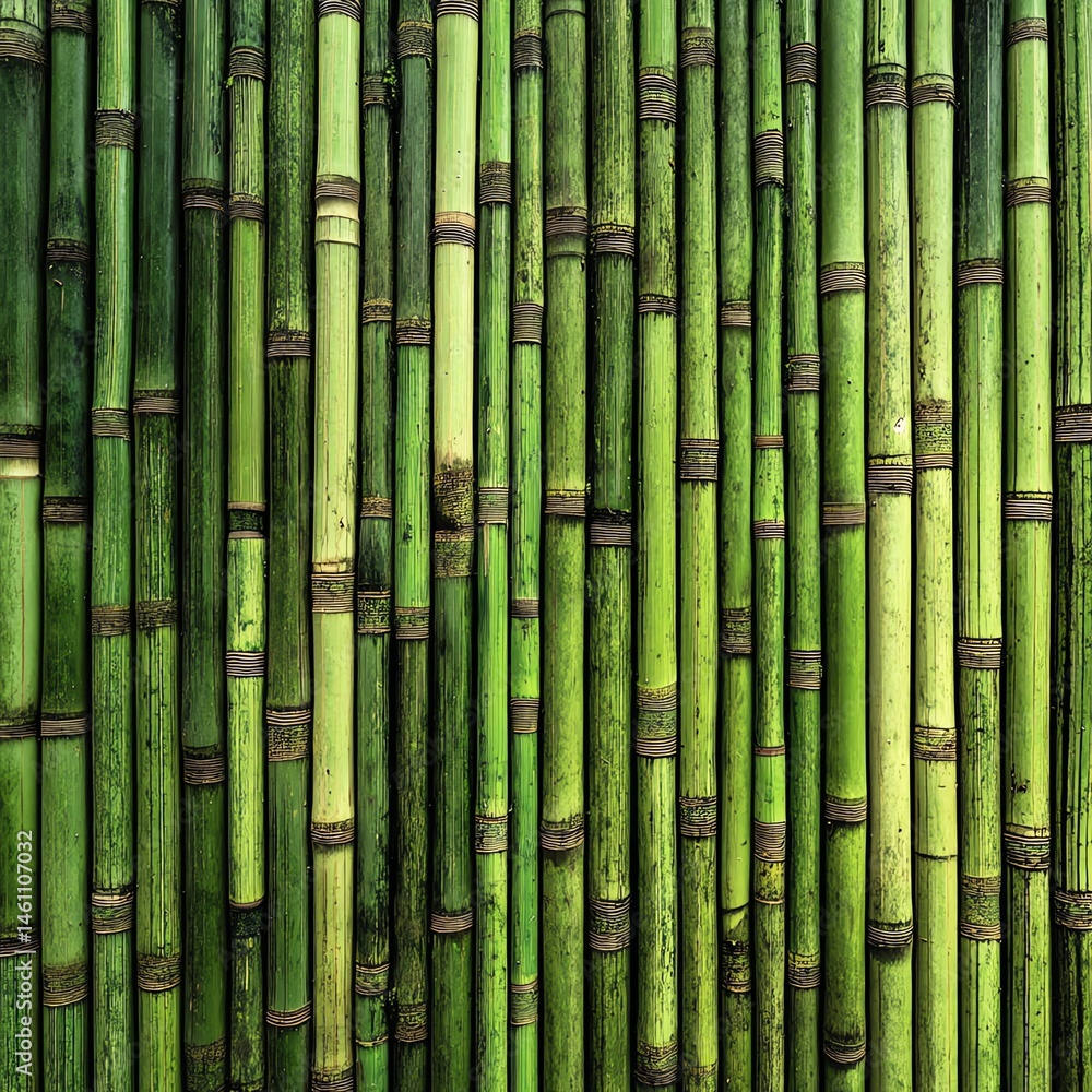Green bamboo stalks arranged in a natural pattern, ideal for ornamental use.