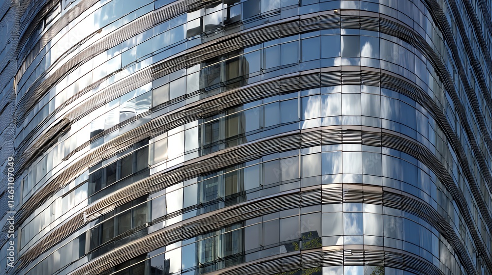 Modern glass building facade reflecting the sky and surrounding structures.