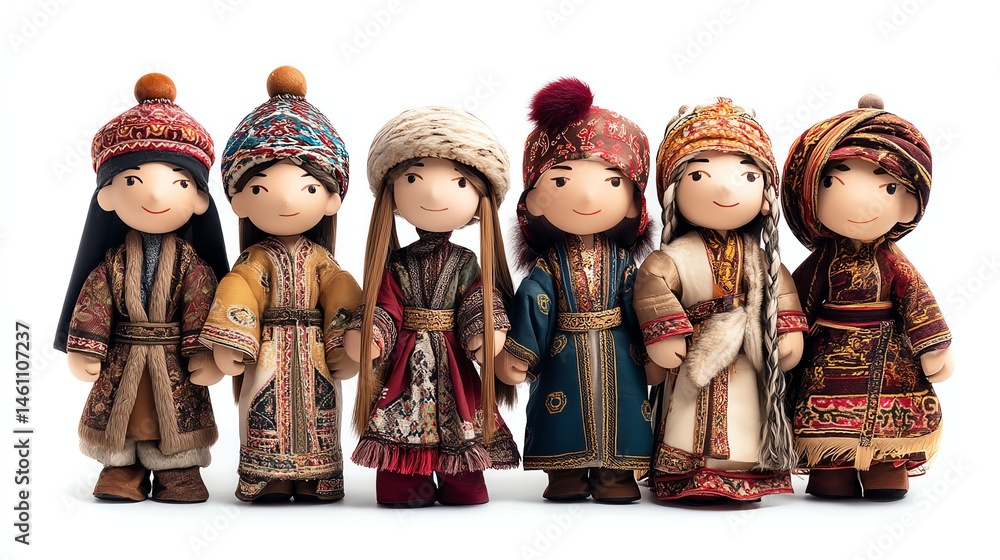 Colorful traditional dolls representing diverse cultures, white isolate background.