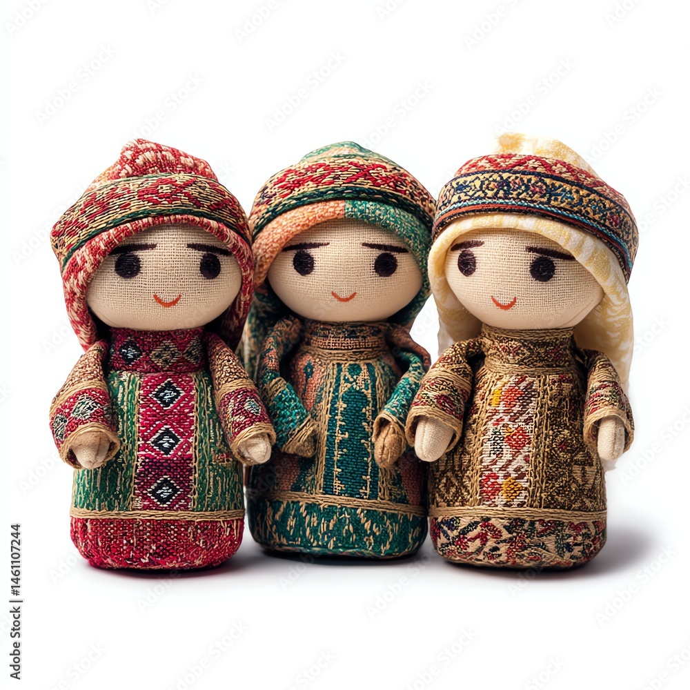 Colorful traditional dolls dressed in ornate cultural outfits.