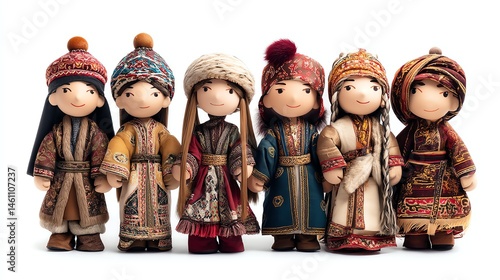 Obraz na płótnie Colorful traditional dolls representing diverse cultures, white isolate background. w salonie
