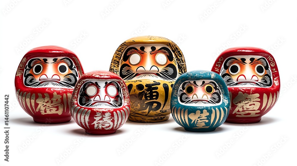 Colorful Daruma dolls, symbolizing perseverance, on a white isolated background.