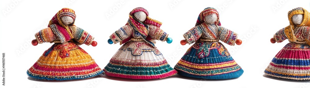 Colorful handmade dolls in traditional attire, white isolate background