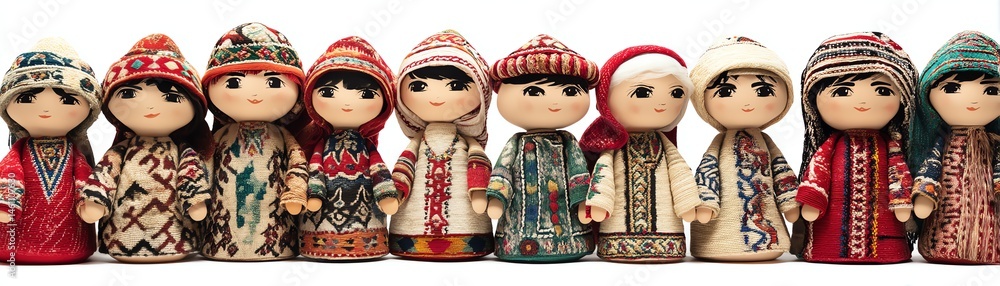 Colorful traditional dolls in various outfits, white isolate background