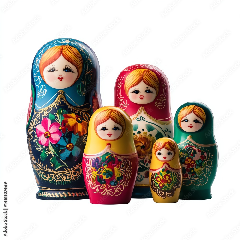 Colorful Russian nesting dolls with floral designs, isolated on white background.
