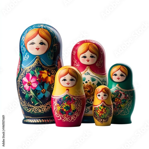 Colorful Russian nesting dolls with floral designs, isolated on white background.