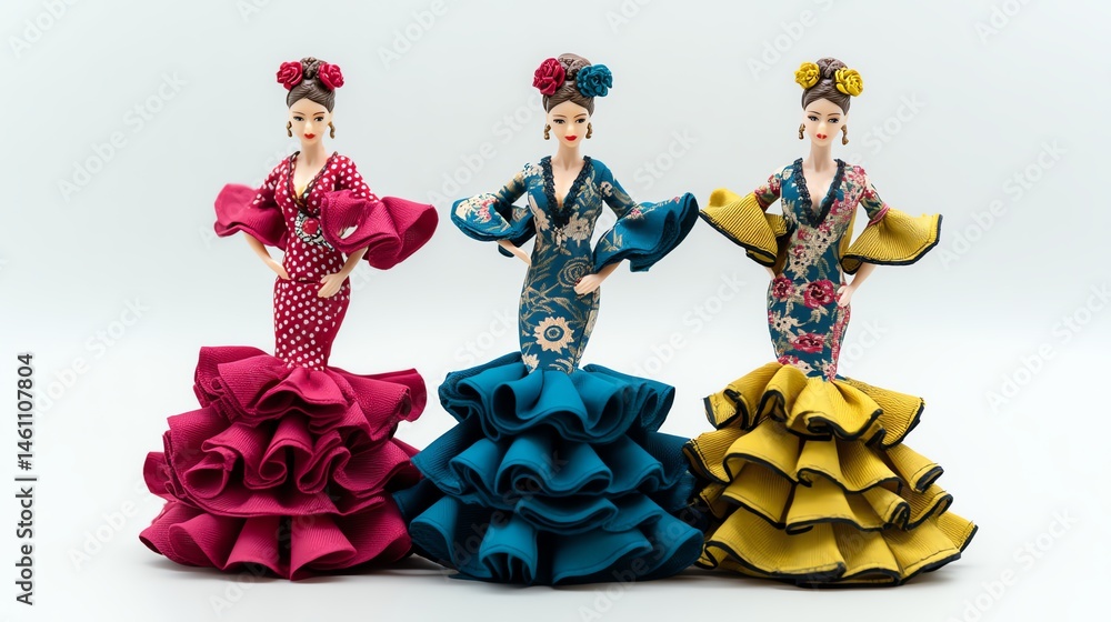 Colorful traditional dolls in beautiful dresses, white isolate background.