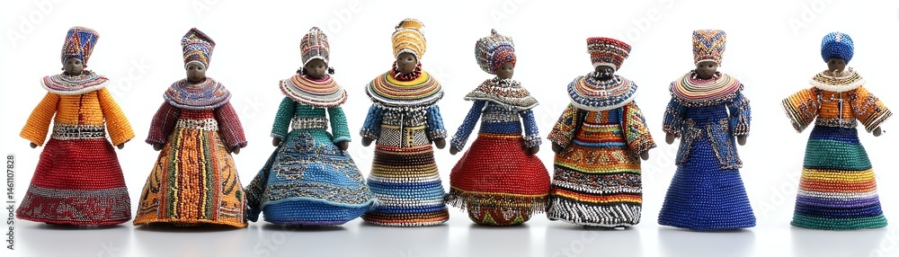 Colorful handmade dolls representing diverse cultures, white isolate background