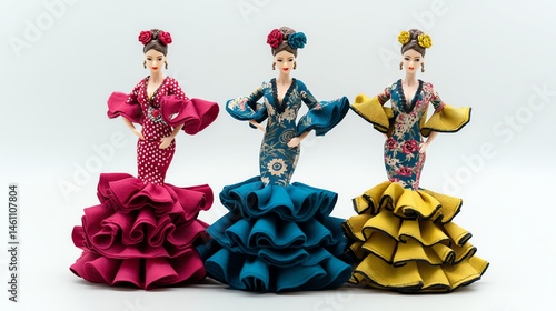 Obraz na płótnie Colorful traditional dolls in beautiful dresses, white isolate background. w salonie