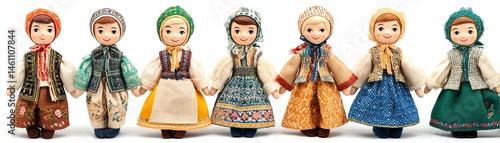 Obraz na płótnie Colorful dolls in traditional attire, white isolate background w salonie