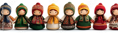Colorful traditional dolls in a row, showcasing diverse cultural attire.