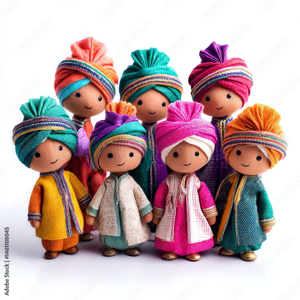 Colorful handmade dolls in traditional attire, diverse styles and vibrant colors.