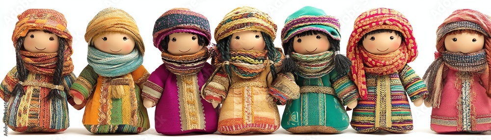 Colorful handcrafted dolls dressed in traditional attire, white isolate background.