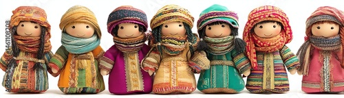 Obraz na płótnie Colorful handcrafted dolls dressed in traditional attire, white isolate background. w salonie
