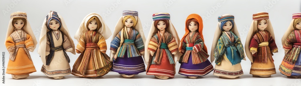 Colorful traditional figurines lined up on a white isolated background.