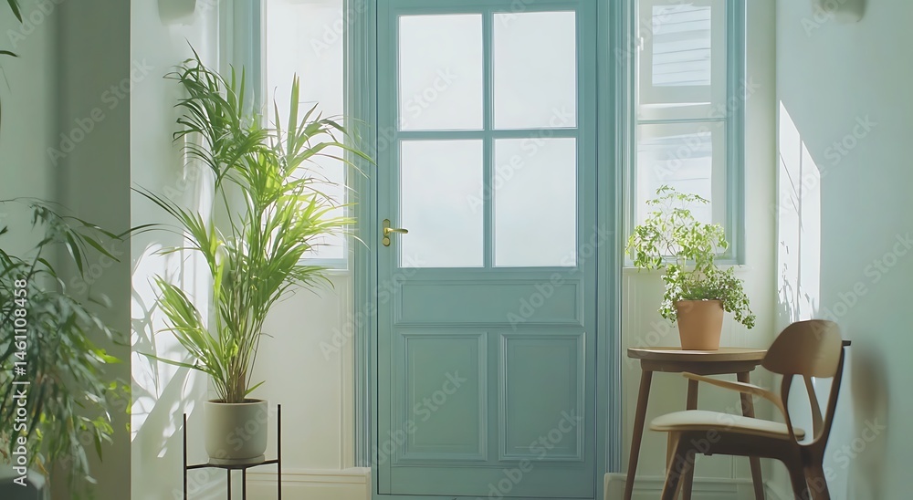 Fototapeta premium A front door of a house with an exterior chair and table white walls blue window frames