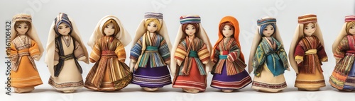 Obraz na płótnie Colorful traditional figurines lined up on a white isolated background. w salonie