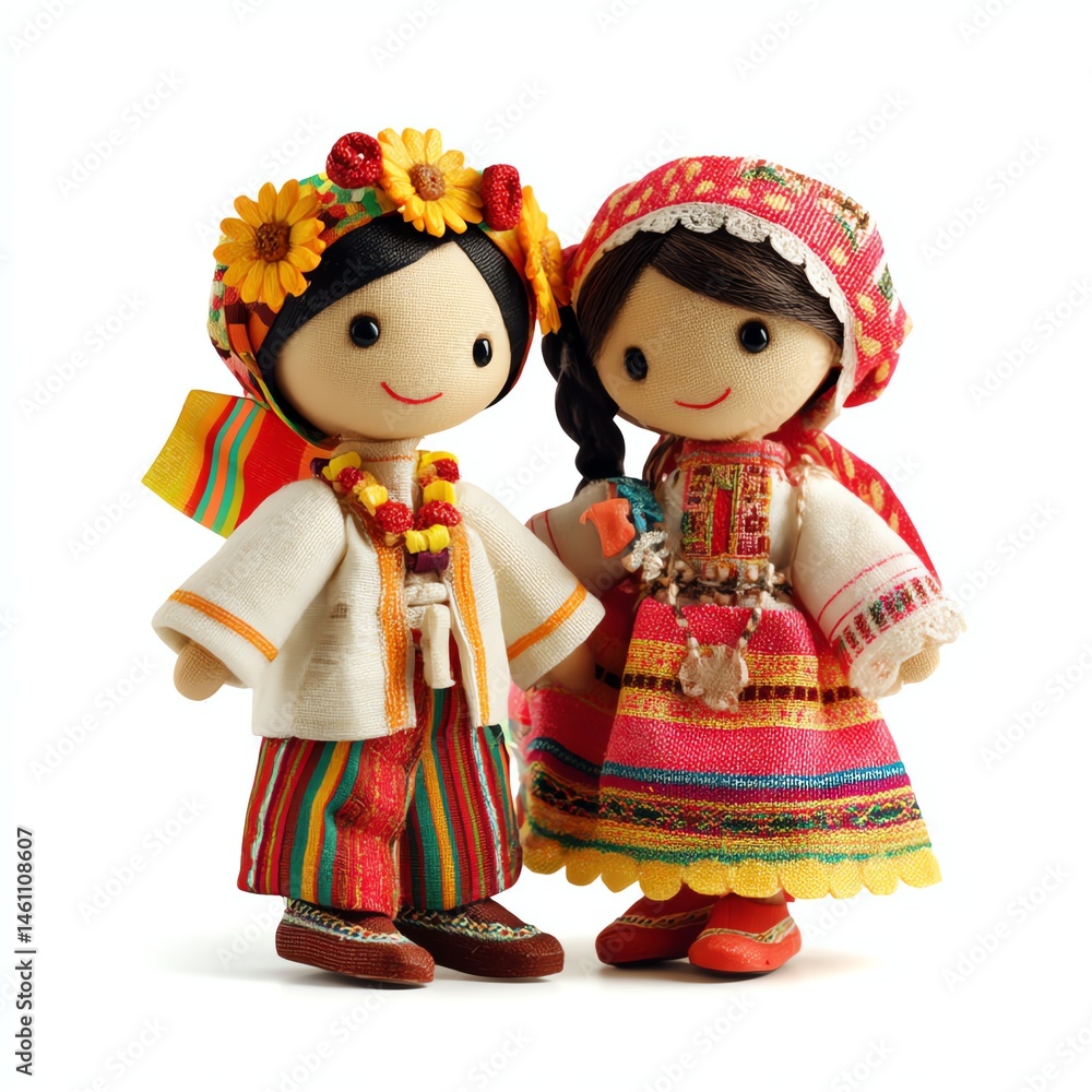 Colorful traditional dolls in ethnic clothing, white isolate background