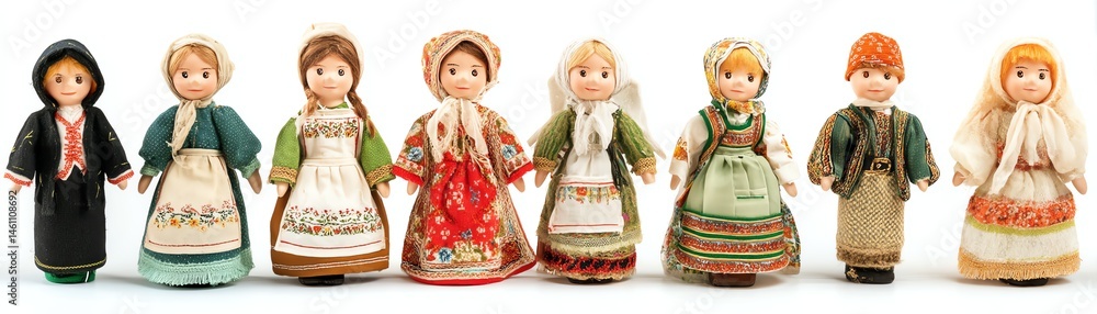 Colorful traditional dolls representing diverse cultures, white isolate background