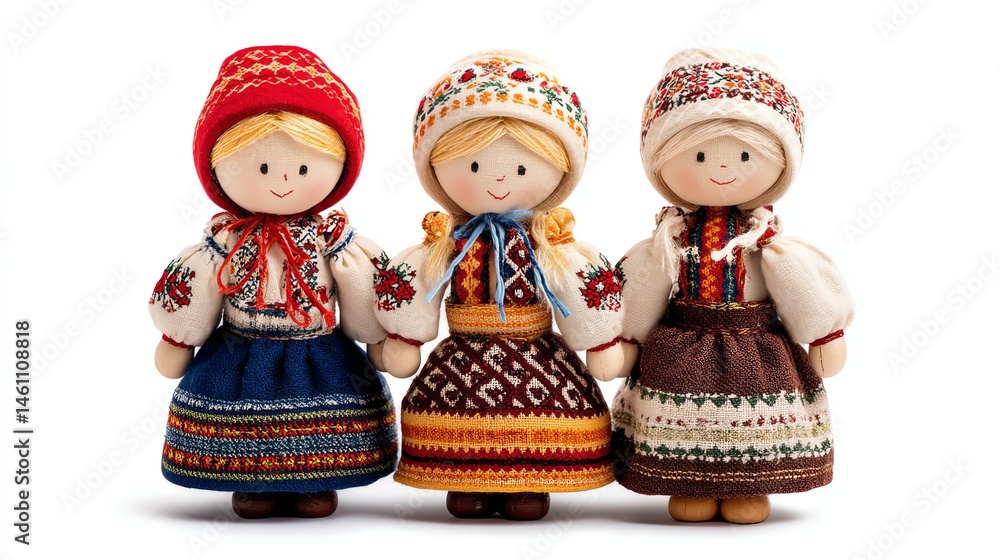 Colorful traditional dolls in folk costumes, white isolated background