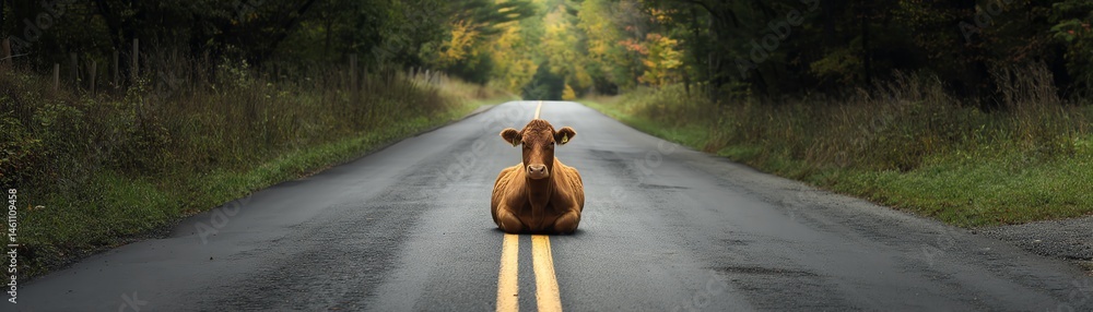 Cow sitting on a country road surrounded by trees and nature.