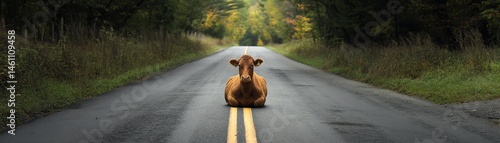 Obraz na płótnie Cow sitting on a country road surrounded by trees and nature. w salonie