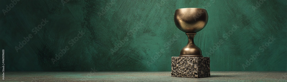 Golden trophy on a textured surface against a green backdrop.