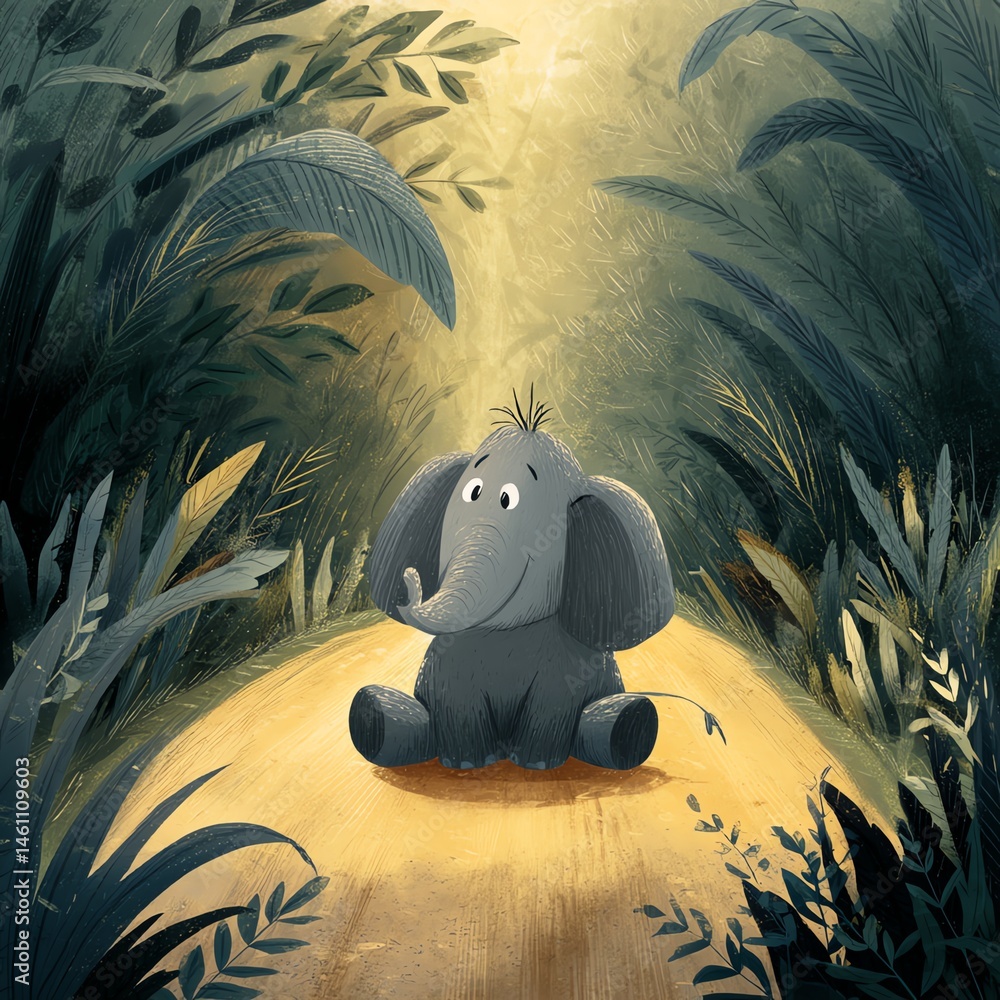 Cute elephant sitting on a path in a lush green jungle.