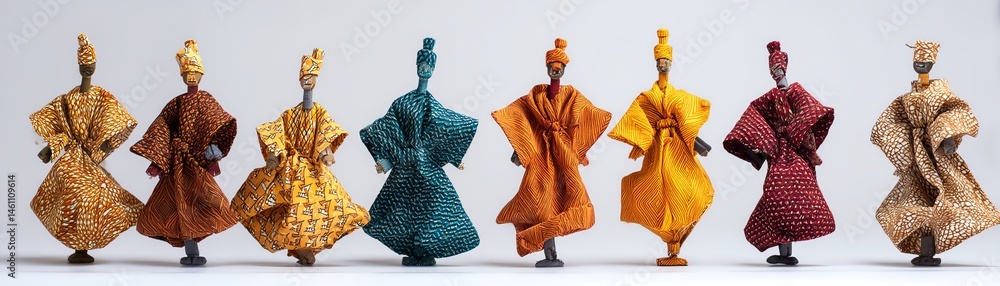 Colorful handcrafted dolls in traditional attire, displaying cultural diversity.