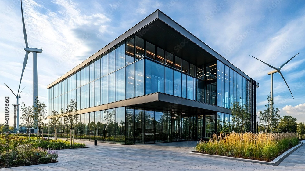 Obraz premium Modern sustainable office building with sleek glass and metal facade, wide-angle view under clear blue sky, landscaped garden and wind turbines in background 