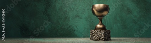 Obraz na płótnie Golden trophy on a textured surface against a green backdrop. w salonie