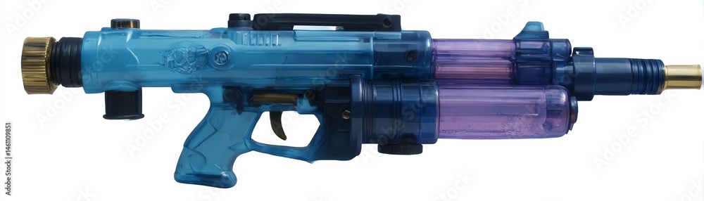 Colorful water blaster toy on white isolated background.