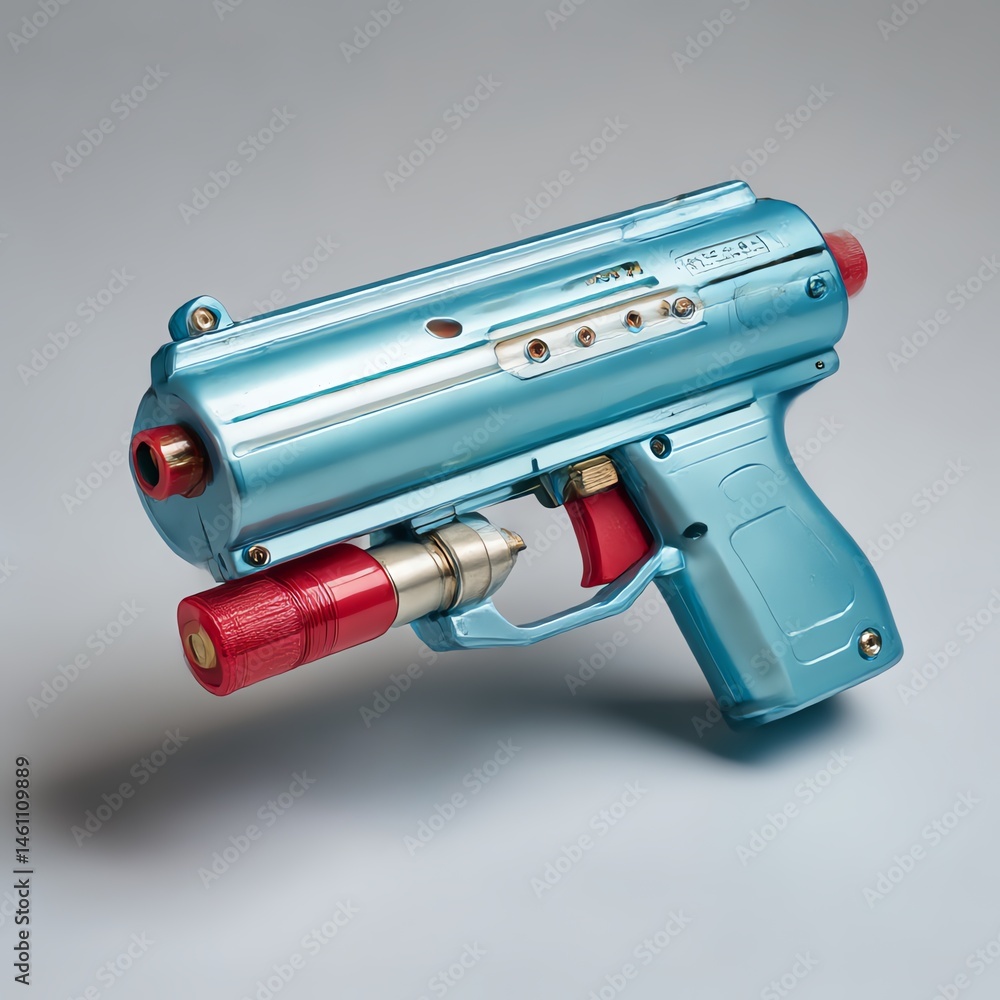 Futuristic blue toy gun with red accents on a light gray surface.